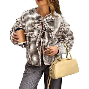 Women’s Brown Plaid Quilted Cropped Jacket Tie Front Ruffled Puffer Coat